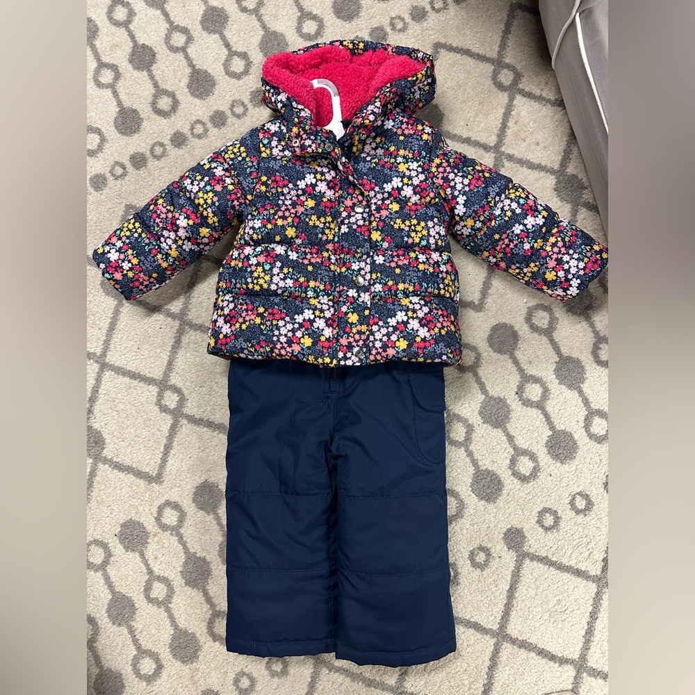 Carter's Multicolor Floral Puffer Jacket with Navy Pants